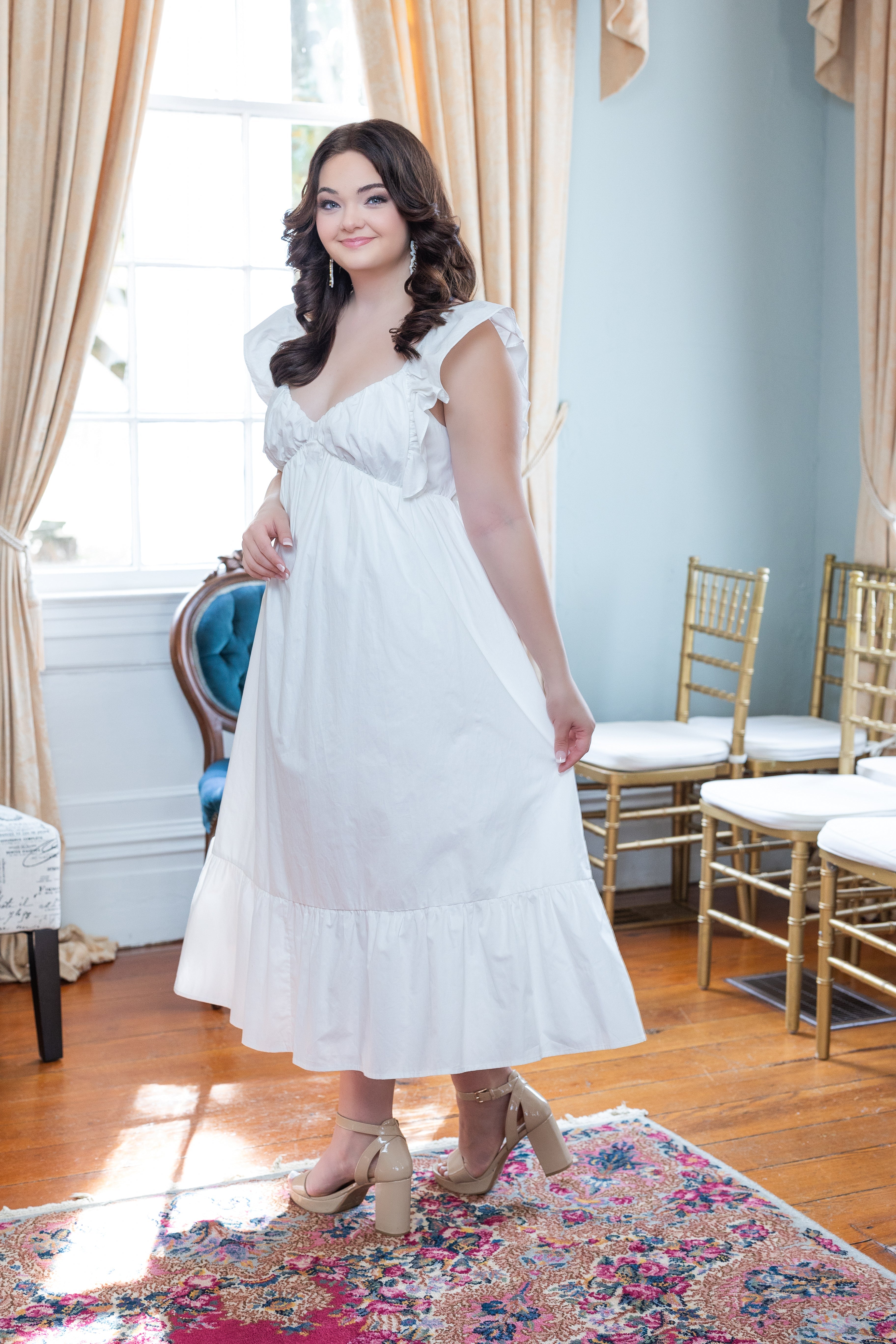 Flutter Sleeve Sweetheart Neck White Maxi Dress by She + Sky M