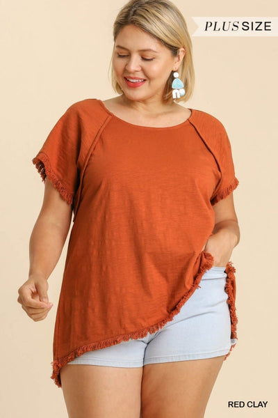 High-Low Frayed Hem Cotton Tunic Top in Plus Size by Umgee Clothing