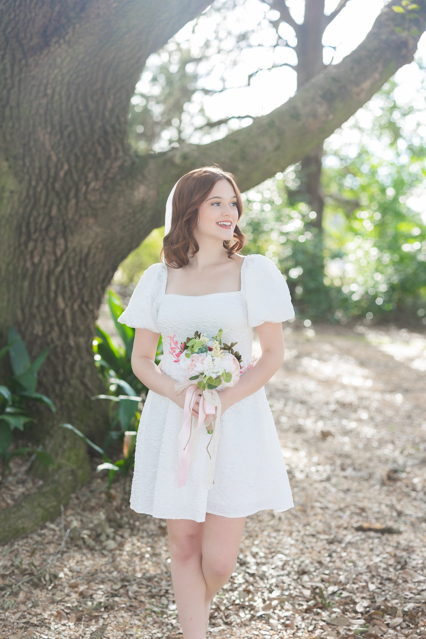 Short Puff Sleeve Jacquard Bridal Babydoll Dress by She + Sky