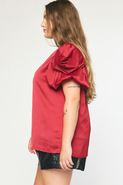 Satin Blouse Top with Short Ruched Sleeves in Plus Size by Entro Clothing