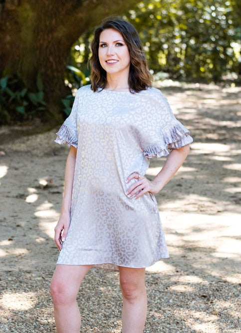 Jodifl Clothing Satin Leopard Print Pleated Ruffle Sleeve Dress M / Silver
