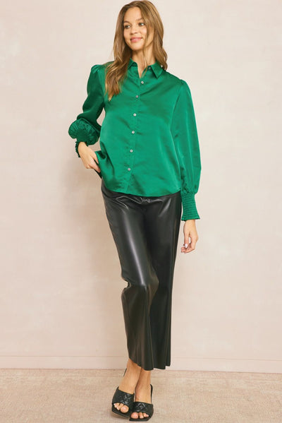 Satin Long Sleeve Button Up Blouse with Smocked Wrists by Entro Clothing
