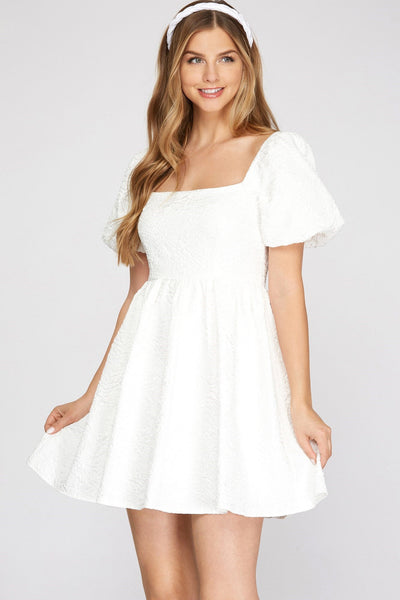 Short Puff Sleeve Jacquard Bridal Babydoll Dress by She + Sky