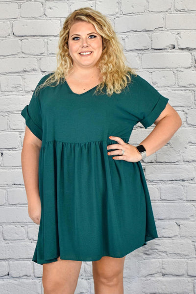 Solid Rolled Sleeve Basic Babydoll Dress in Plus Size by Entro Clothing