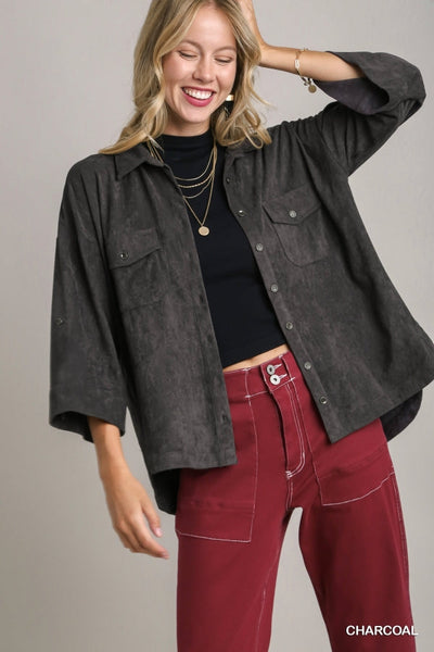Solid Suede Long Sleeve Button Down Top by Umgee Clothing