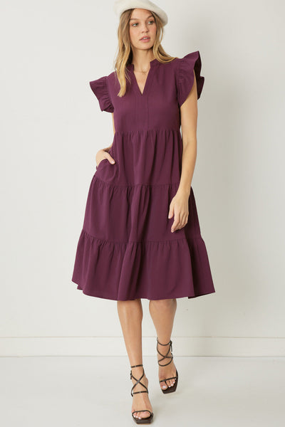 V-Neck Ruffle Sleeve Tiered Midi Dress with Pockets by Entro Clothing