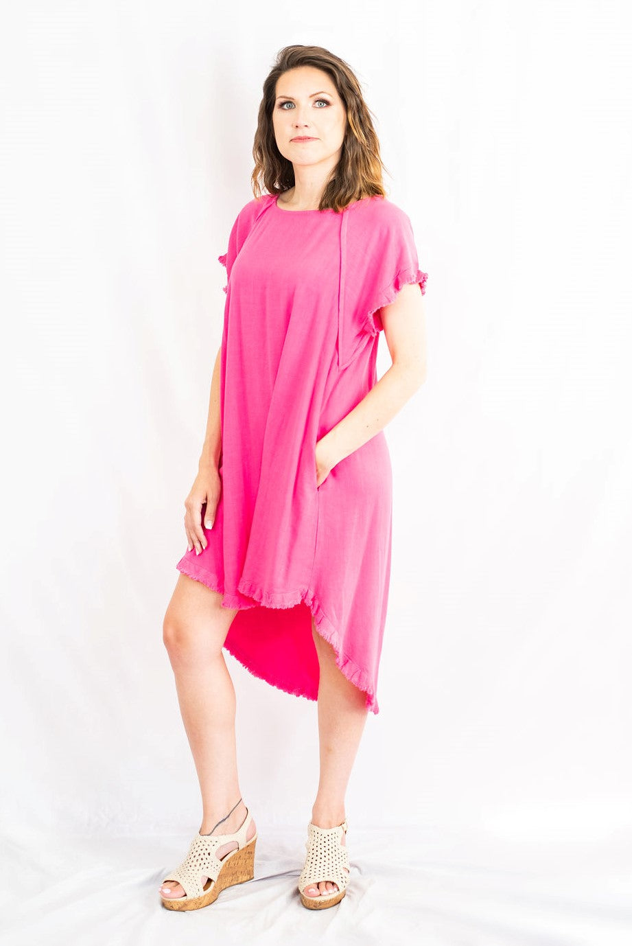 Umgee Clothing High-Low Fringe Hem Linen Dress With Pockets S / Hot Pink Umgee Clothing High-Low Fringe Hem Linen Dress With Pockets S / Hot Pink