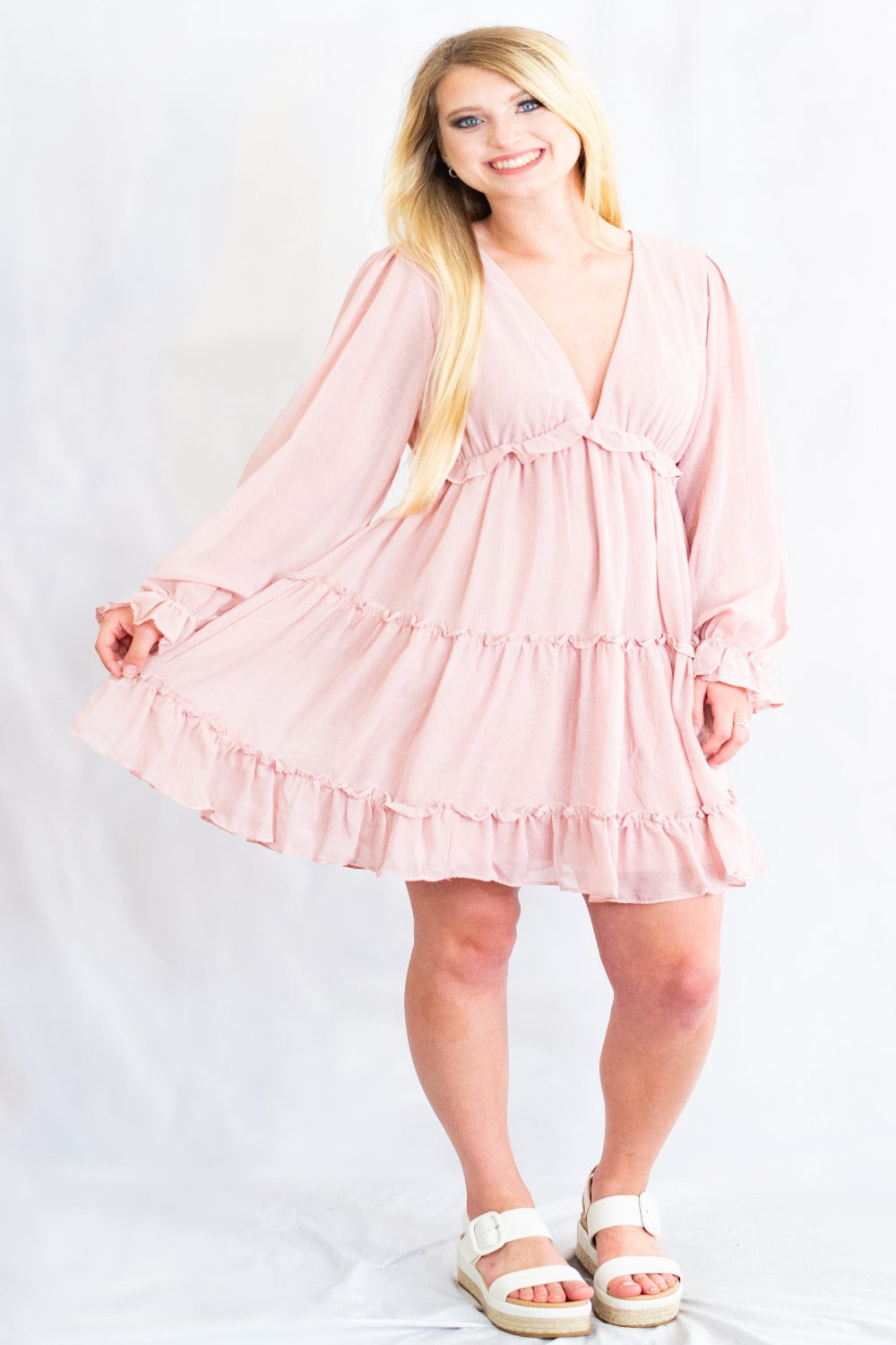She + Sky Open Back Crinkled Chiffon Long Sleeve Tiered Dress M / Rose She + Sky Open Back Crinkled Chiffon Long Sleeve Tiered Dress M / Rose