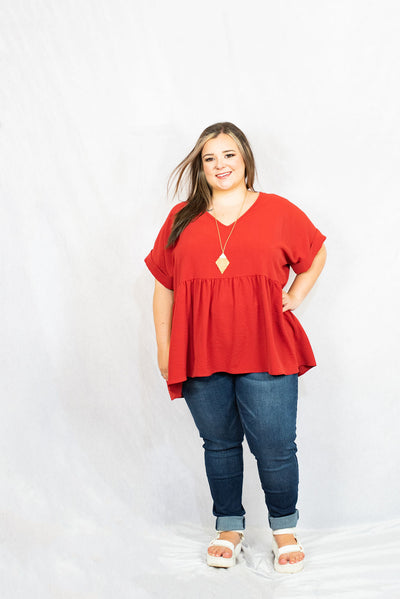 Rolled Sleeve V-Neck Babydoll Top in Plus Size by Entro Clothing