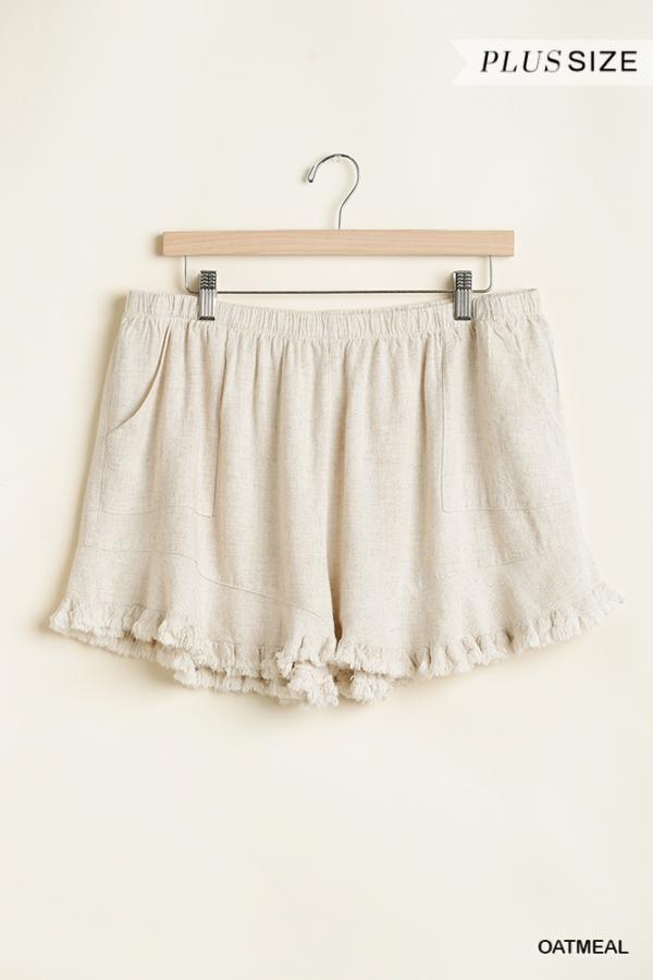 Ruffle-Trim Linen Shorts with Elastic Waist in Plus Size by Umgee