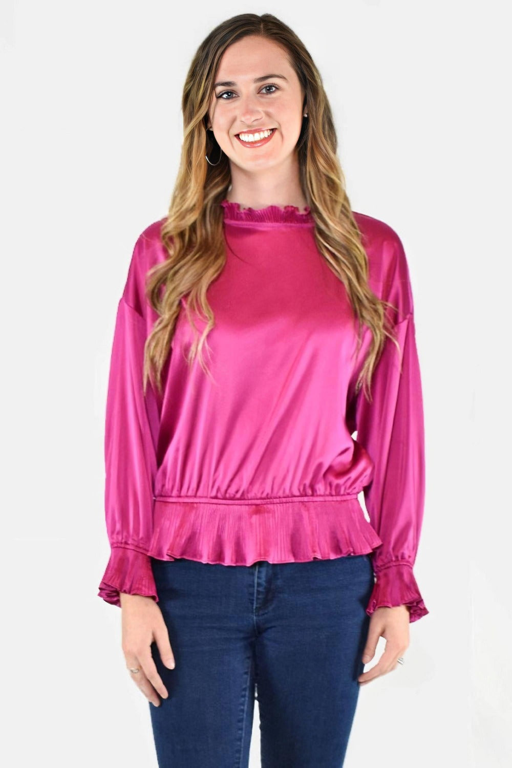 Satin Smocked Pleated Peplum Top by Jodifl Clothing