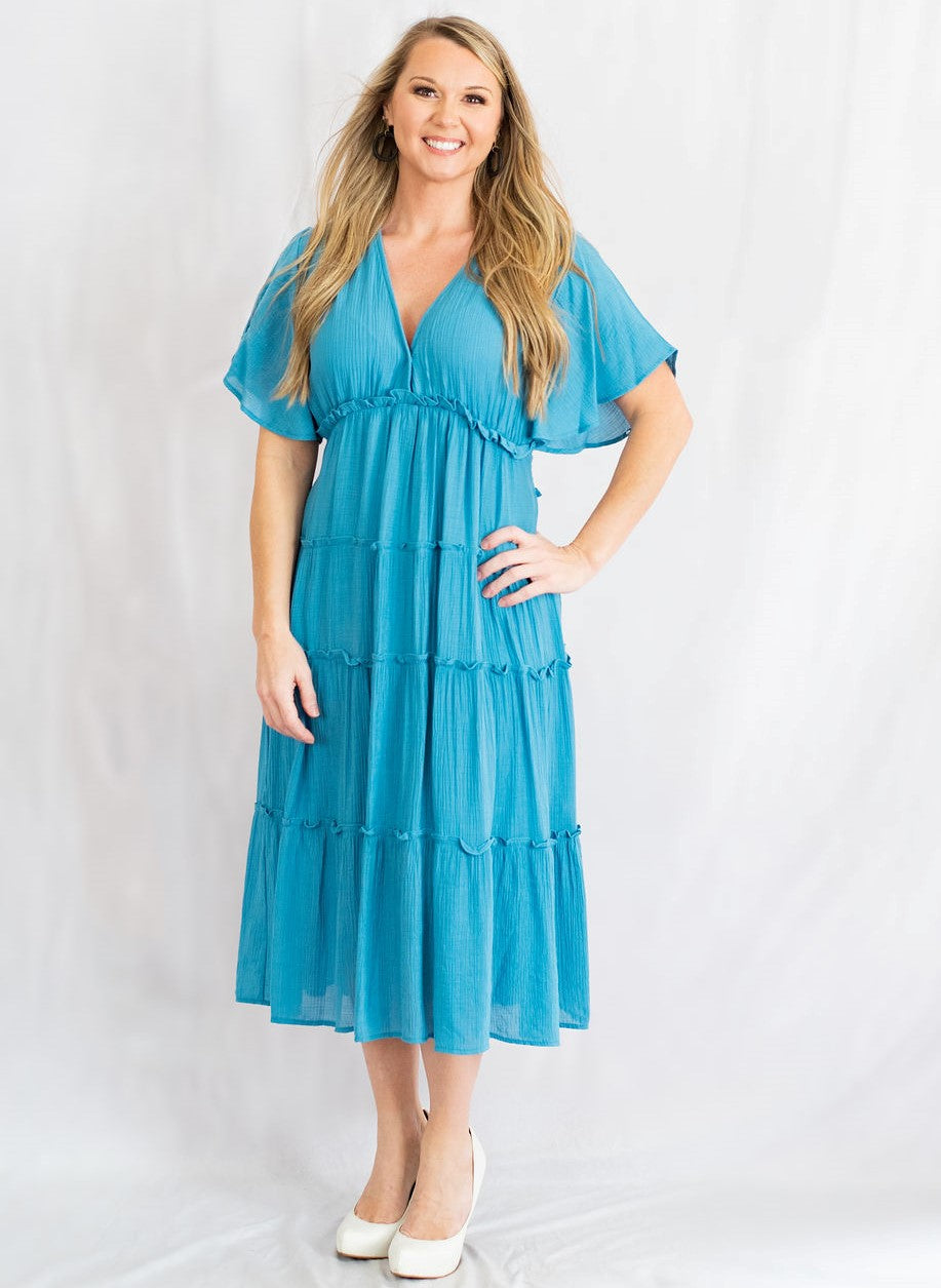 Smocked V-Neck Tiered Maxi Dress by Umgee Clothing