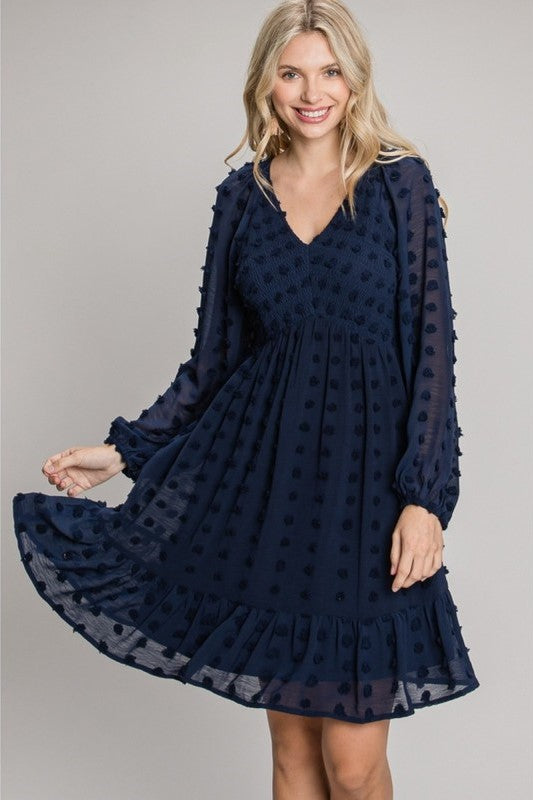 Jodifl Clothing Swiss Dot Smocked Bodice Navy Babydoll Dress S Jodifl Clothing Swiss Dot Smocked Bodice Navy Babydoll Dress S