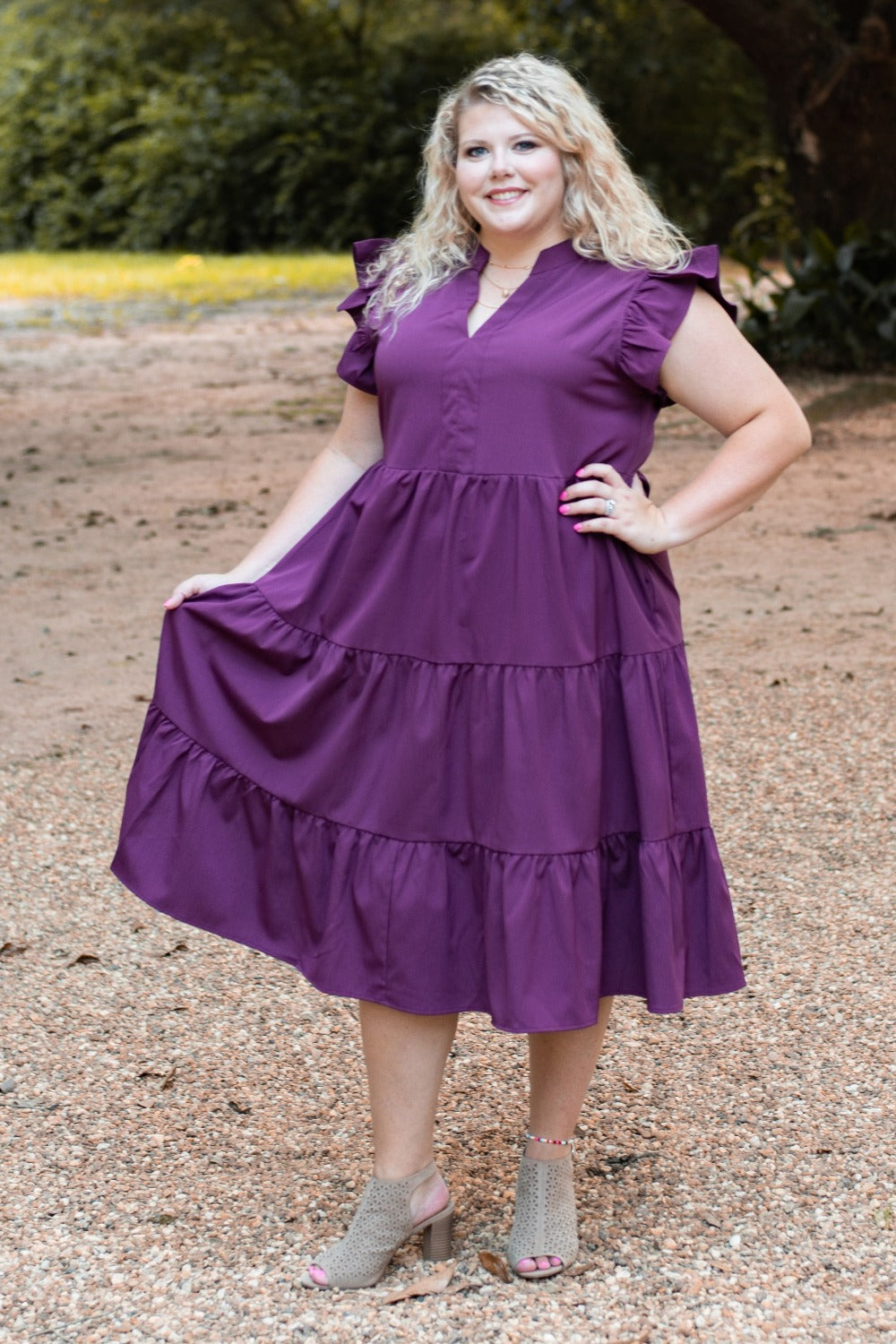 V-Neck Ruffle Sleeve Tiered Midi Dress with Pockets in Plus Size by Entro Clothing V-Neck Ruffle Sleeve Tiered Midi Dress with Pockets in Plus Size by Entro Clothing