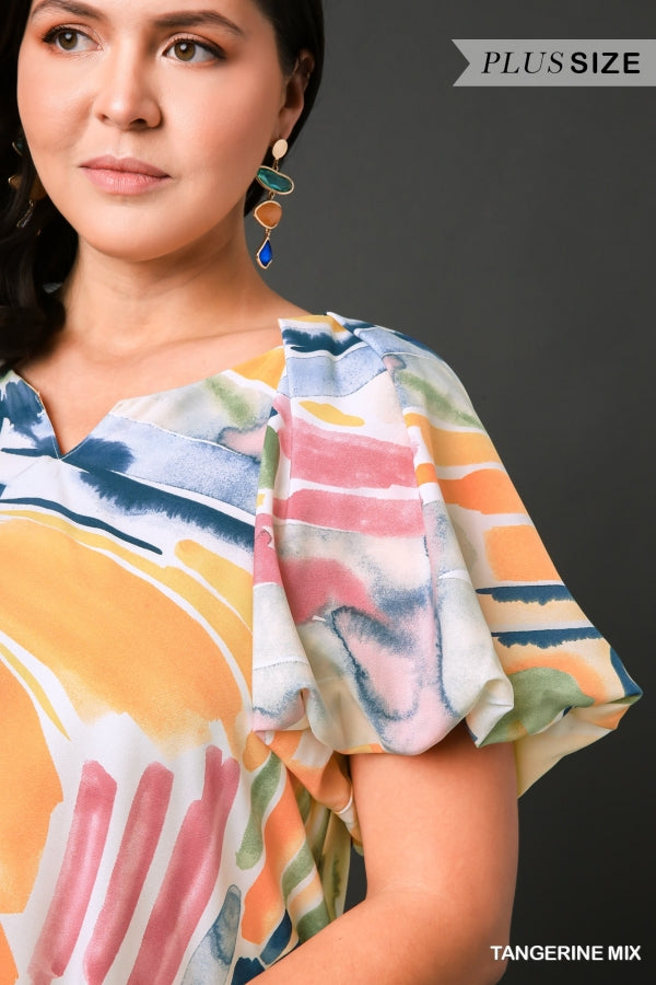Abstract Print Puff Sleeve Top in Plus Size by Umgee Clothing