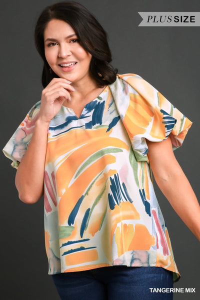 Abstract Print Puff Sleeve Top in Plus Size by Umgee Clothing