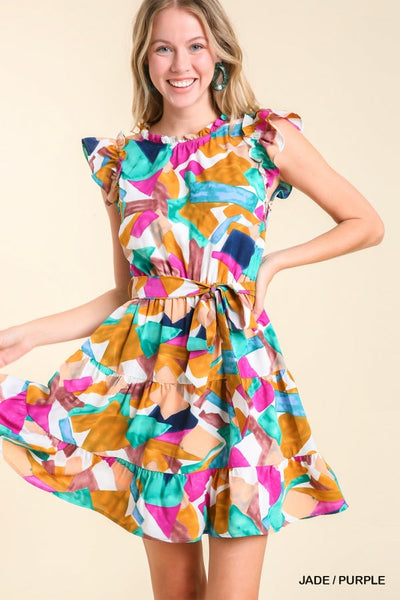 Abstract Print Ruffle Tiered Mini Dress by Umgee Clothing