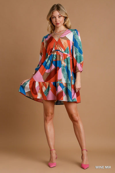 Abstract V-Neck Tiered Printed Dress by Umgee Clothing