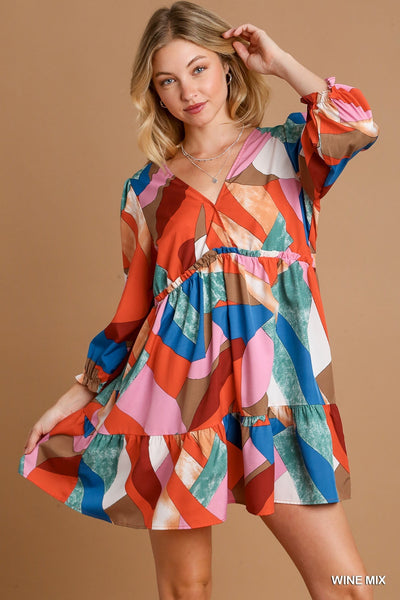 Abstract V-Neck Tiered Printed Dress by Umgee Clothing