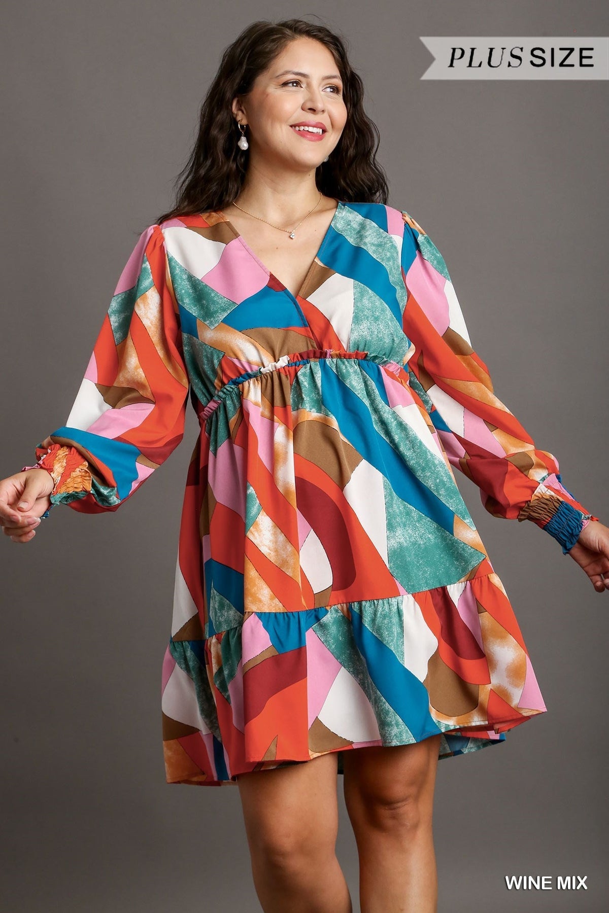 Abstract V-Neck Tiered Printed Dress in Plus Size by Umgee Clothing