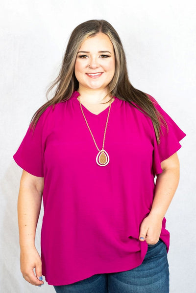 Basic Ruffle Sleeve V-Neck Blouse in Plus Size by Entro Clothing