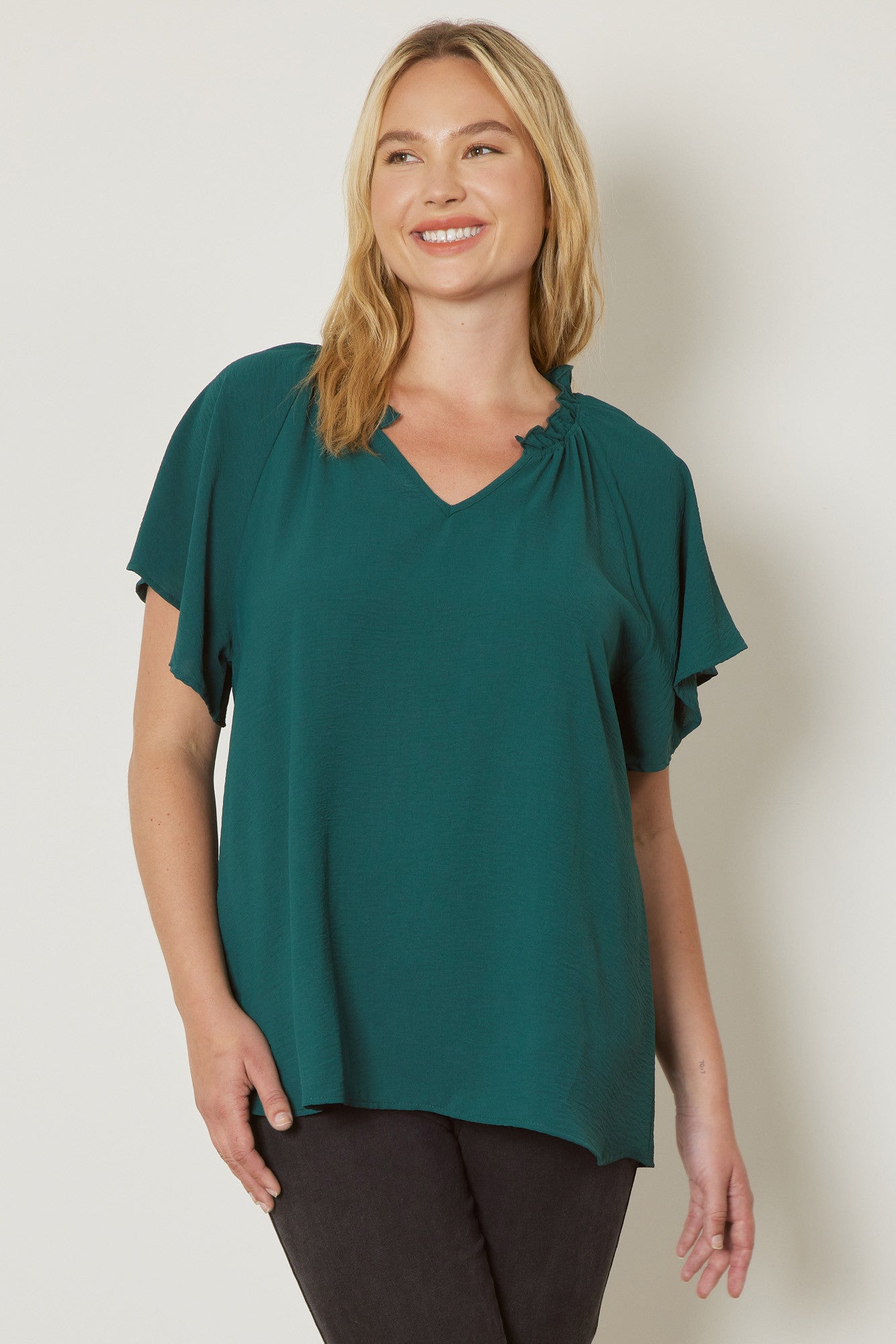 Basic Ruffle Sleeve V-Neck Blouse in Plus Size by Entro Clothing