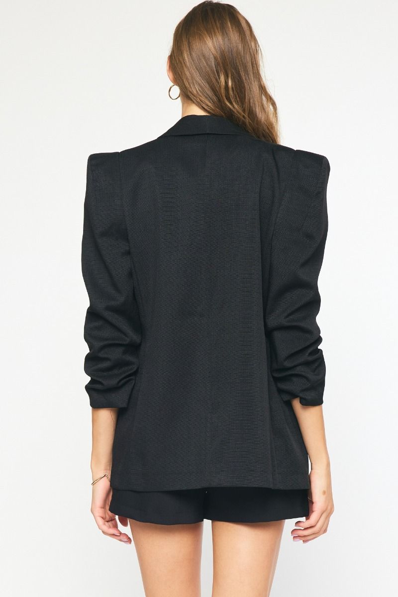 Black Open Front Blazer Jacket with Shirred Quarter Sleeves by Entro Clothing