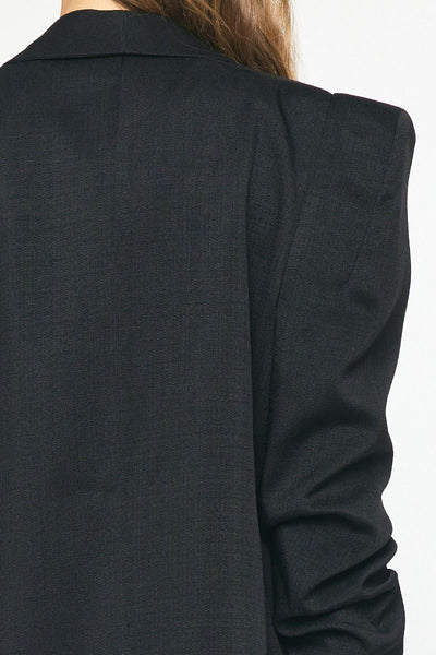 Black Open Front Blazer Jacket with Shirred Quarter Sleeves by Entro Clothing
