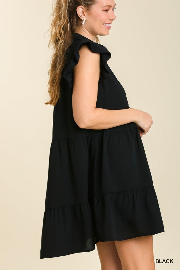 Black Tiered Mini Dress with Ruffle Sleeves by Umgee Clothing