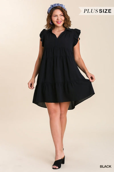 Black Tiered Mini Dress with Ruffle Sleeves in Plus Size by Umgee Clothing