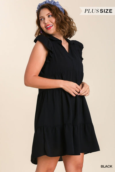 Black Tiered Mini Dress with Ruffle Sleeves in Plus Size by Umgee Clothing