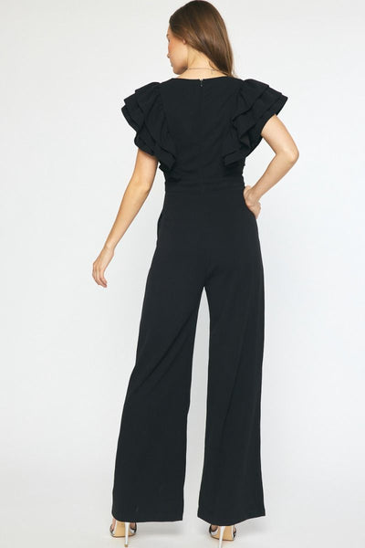 Black V-Neck Ruffle Sleeve Jumpsuit by Entro Clothing