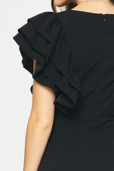 Black V-Neck Ruffle Sleeve Jumpsuit by Entro Clothing