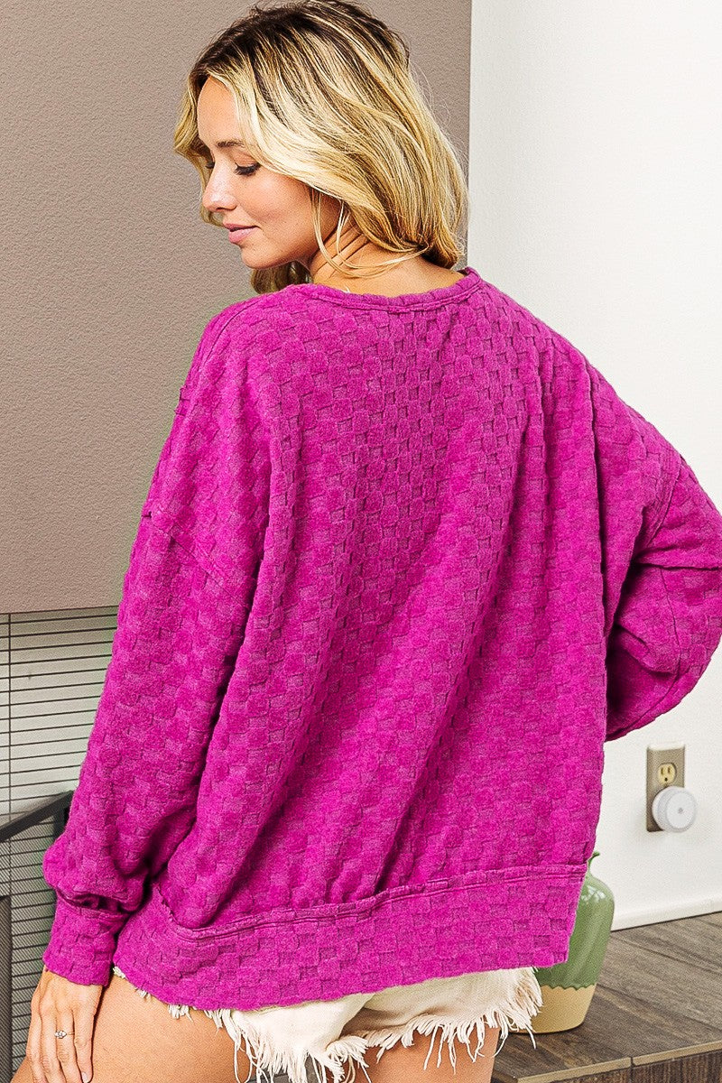 Brushed Jacquard Checker Pattern Open Seam Sweatshirt by BiBi Clothing