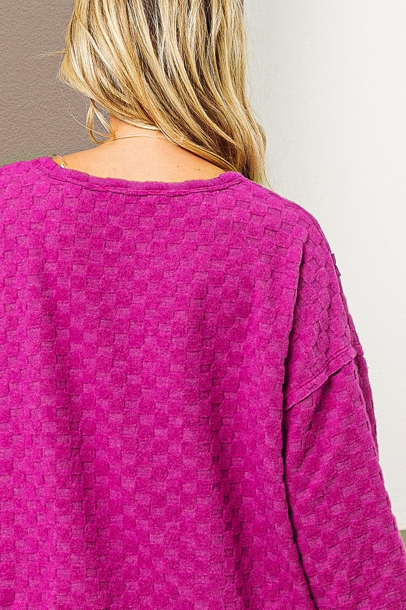 Brushed Jacquard Checker Pattern Open Seam Sweatshirt by BiBi Clothing