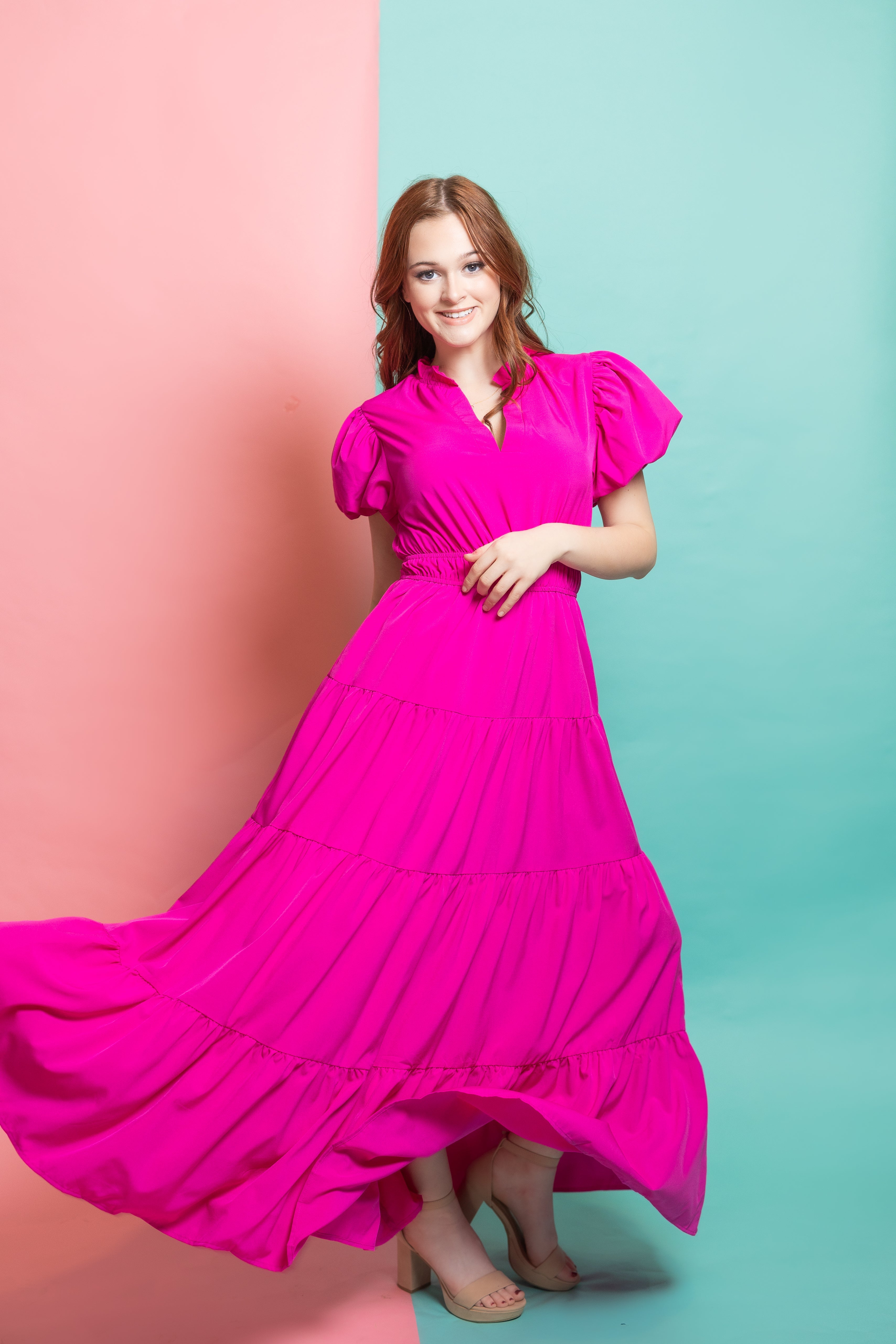 Entro Clothing Bubble Sleeve Tiered Pink Maxi Dress – Hometown Heritage ...