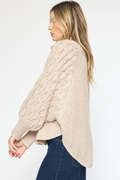 Cable Knit Dolman Sleeve High Low Hem Sweater by Entro Clothing