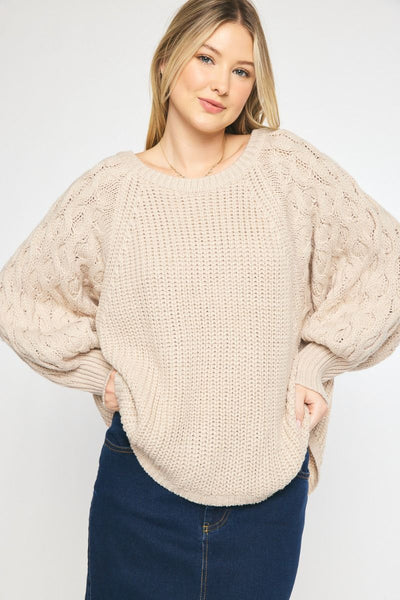 Cable Knit Dolman Sleeve High Low Hem Sweater by Entro Clothing