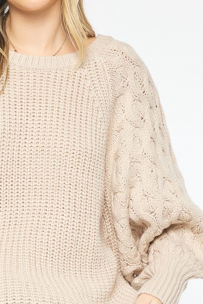 Cable Knit Dolman Sleeve High Low Hem Sweater by Entro Clothing