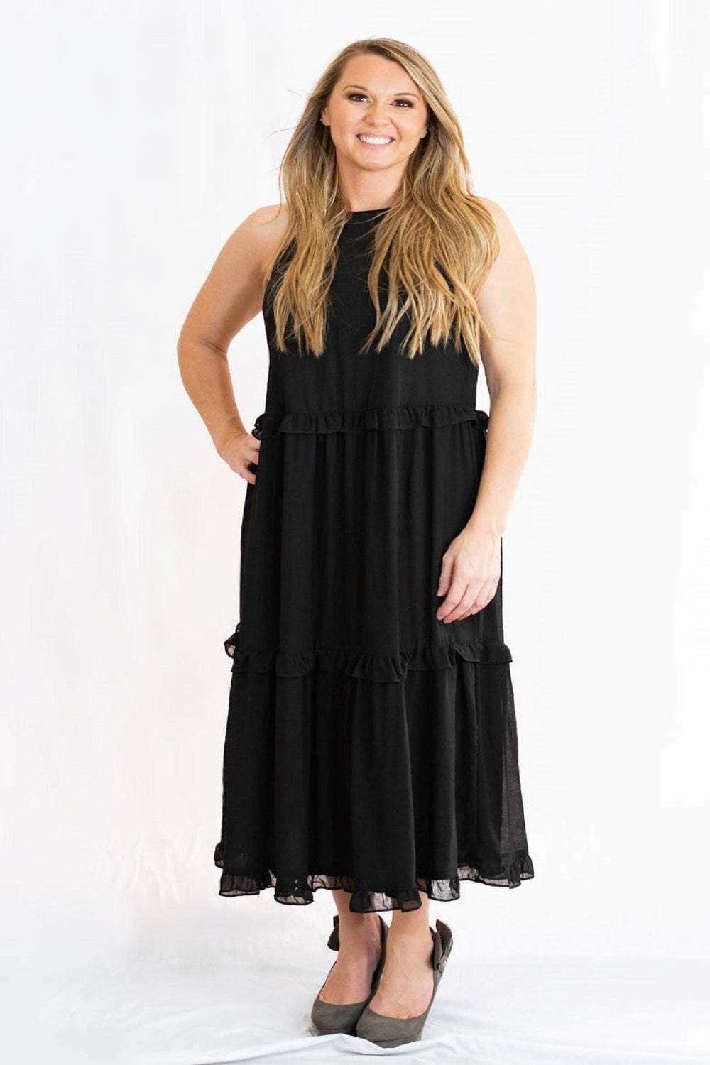 She + Sky Cami Woven Midi Dress with Ruffled Detail L / Black