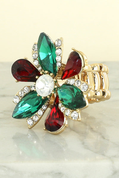 Christmas Rhinestone Jeweled Floral Cocktail Ring