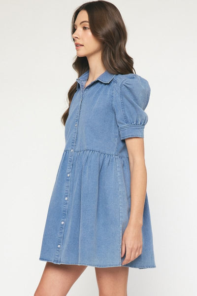 Denim Button Up Mini Dress with Short Puff Sleeves by Entro Clothing
