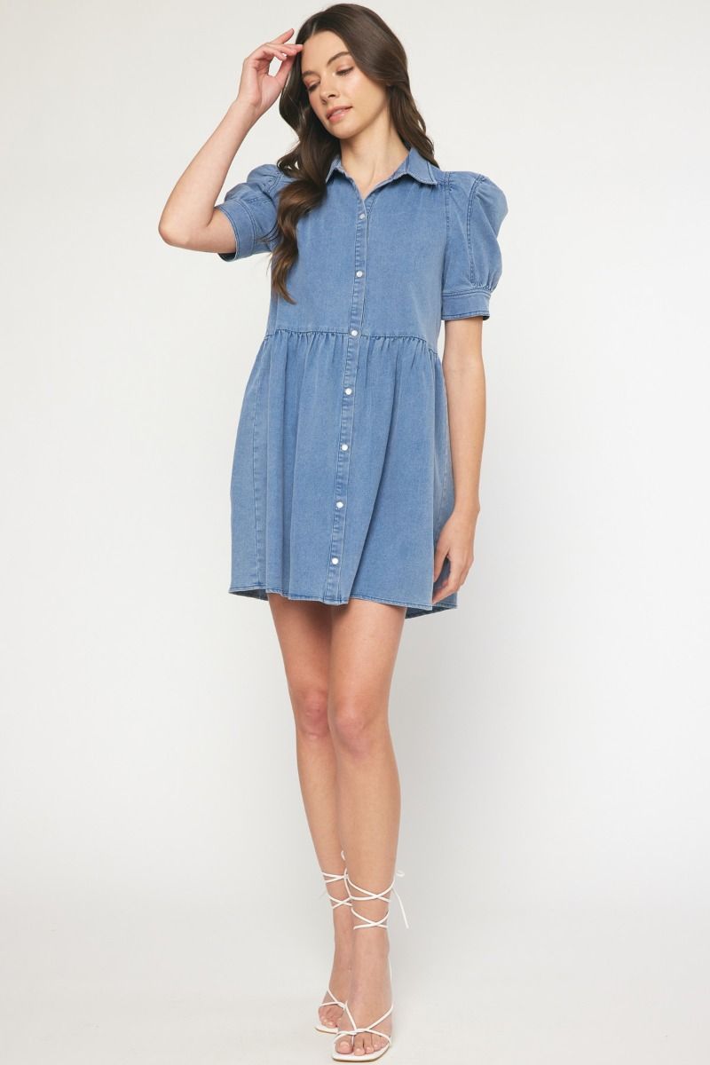 Denim Button Up Mini Dress with Short Puff Sleeves by Entro Clothing