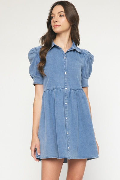 Denim Button Up Mini Dress with Short Puff Sleeves by Entro Clothing