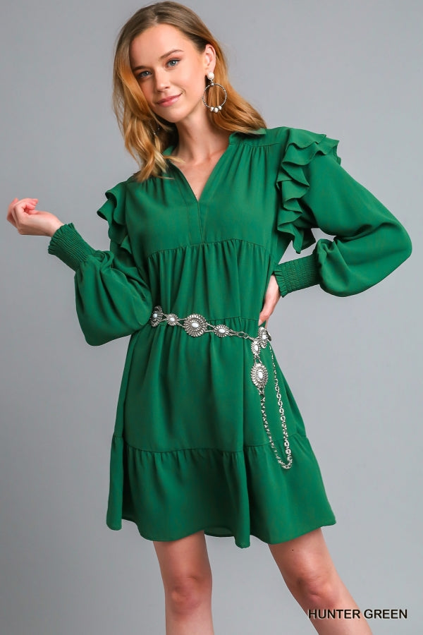 Double Ruffle Long Sleeve Tiered Mini Dress by Umgee Collection
