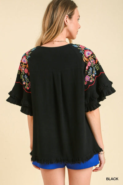 Embroidered Ruffle Sleeve Linen Tunic Top by Umgee Clothing
