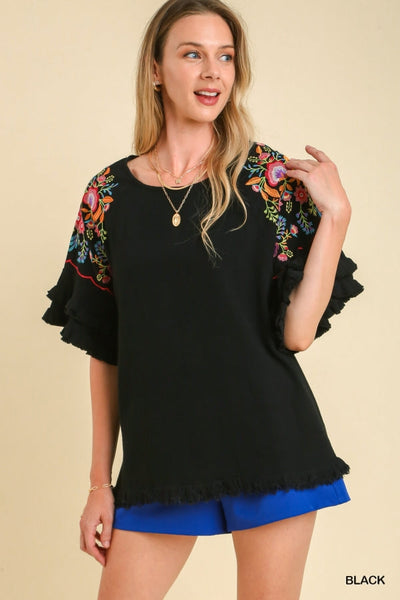 Women's Cotton Ruffle top  Designer Tops and Tunics Embroidered Top  (Black, X-Large) : : Clothing & Accessories