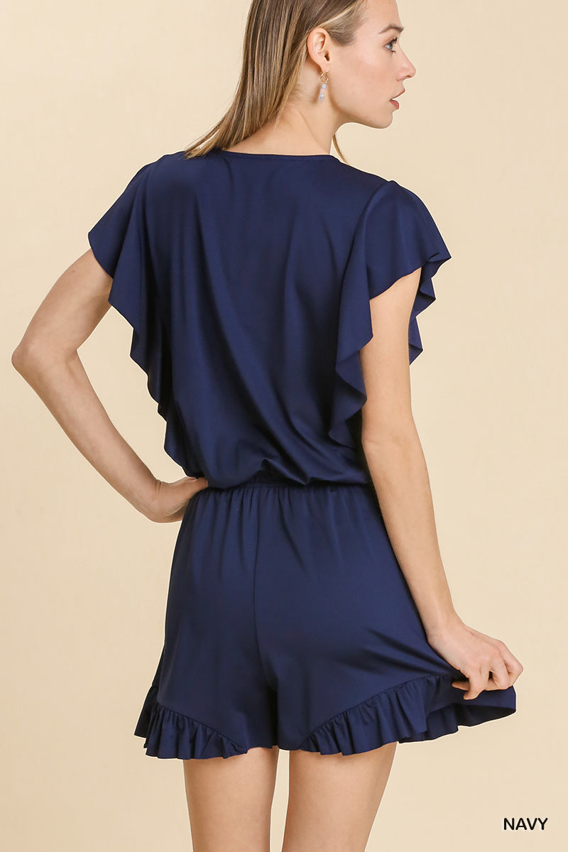 Faux Wrap Ruffled Surplice Romper by Umgee Clothing