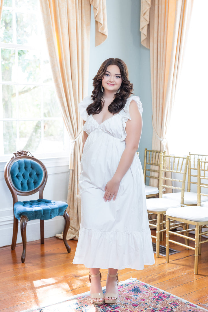 Flutter Sleeve Sweetheart Neck White Maxi Dress by She + Sky – Hometown  Heritage Boutique