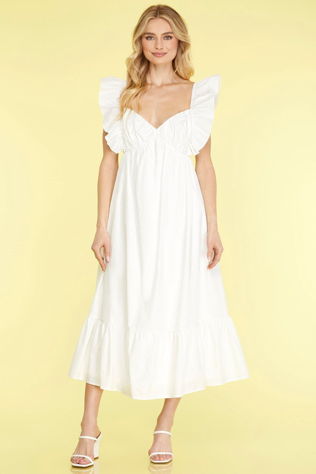 Flutter Sleeve Sweetheart Neck White Maxi Dress by She + Sky M
